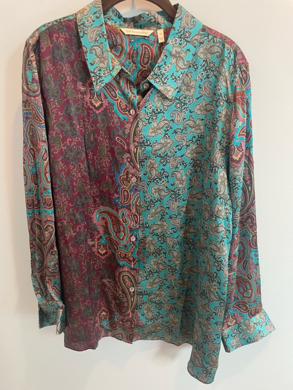 Soft Surroundings Teal and Burgundy Paisley Button-Down Silk Shirt